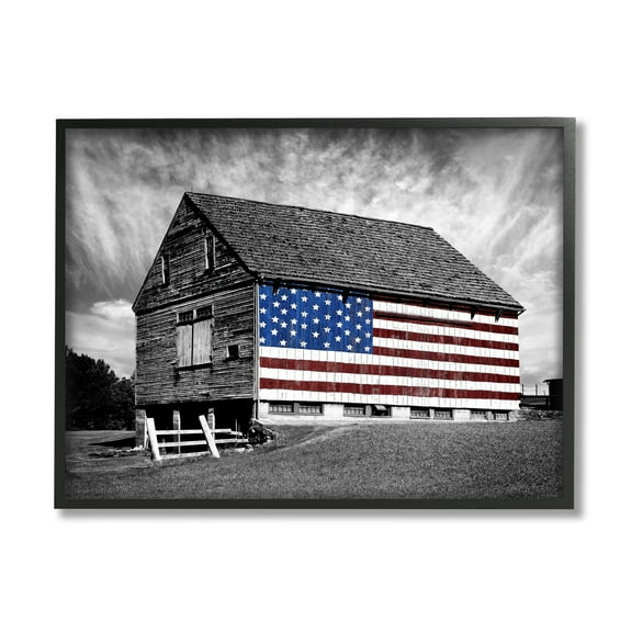 The Stupell Home Decor Collection Black and White Farmhouse Barn American Flag Oversized Framed Giclee Texturized Art, 16 x 1.5 x 20