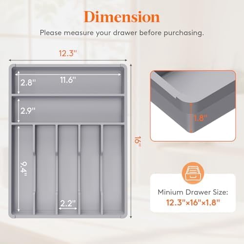 Silverware Drawer Organizer Tray, Plastic Cutlery Storage for Kitchen, Flatware and Utensil Holder Divider for Spoons Forks Knives Tableware, 12.3 x 16", 7 Slots, Gray