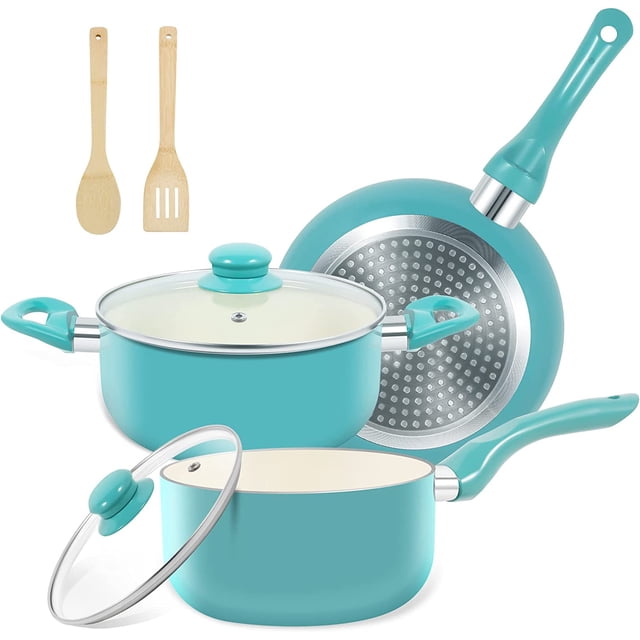 7-Piece Nonstick Ceramic Cookware Set, Compact Kitchen Pots and Pans Set, Induction Cookware with Frying Pan & Saucepan, PFOA and PFAS Free, Turquoise