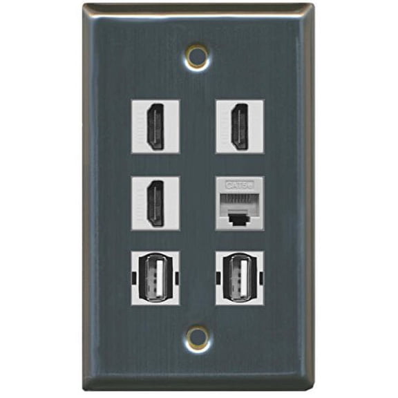 RiteAV - 3 HDMI 2 Port USB A-A 1 Port Cat5e Ethernet Wall Plate - Stainless Steel