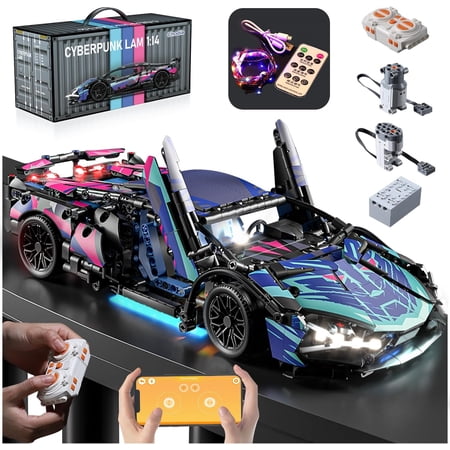 Professional 1:14 Scale Cyberpunk Supercar Building Blocks Set, Neon Graffiti Style Racing Car Model Kit for Adults and Teens, Collectible STEM Construction Toy with Scissor Doors