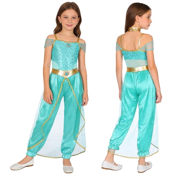 iiniim Girls Shiny Sequins Princess Carnival Jumpsuit with Choker for Theme Party Light Green 14