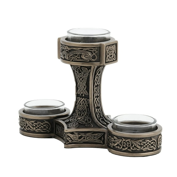 Veronese Design 4 7/8 Inch Tall Mjolnir Hammer of Thor Triple Head Tealight Candle Holder Viking Nordic Decor Cold Cast Bronzed Resin Sculpture