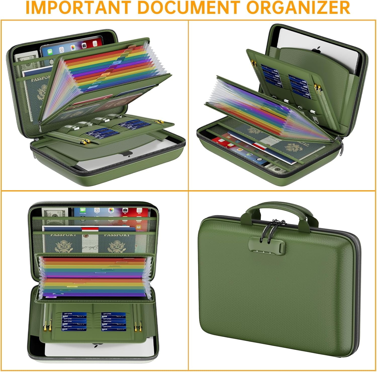 Fireproof File Organizer with Lock, Hard-Shell Case Fireproof Document Box with 13 Pocket Accordion File Folder, Portable Home Office Travel Safe Storage for Important Documents Laptop Green