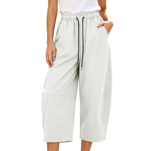 MXUIKV Pants for Women Plus Size Loose Fitted Drawstring Elastic Waist Wide Leg Cropped Barrel Trousers(X-Large,White)