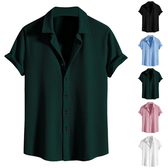 SGFCWSX Mens Waffle Knit Shirt Short Sleeve Button Down Casual Solid Color Camp Collar Top Green Size 2XL