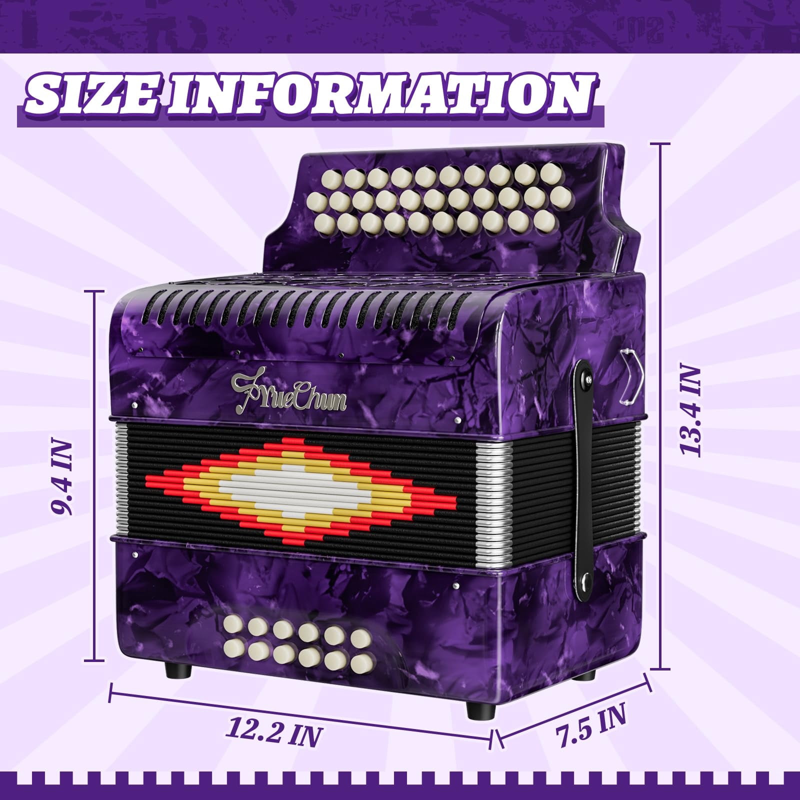 YueChun Accordion, 31 Keys 12 Bass G/C/F Diatonic Button Accordion , Portable Professional Button Accordion with Case (Purple)