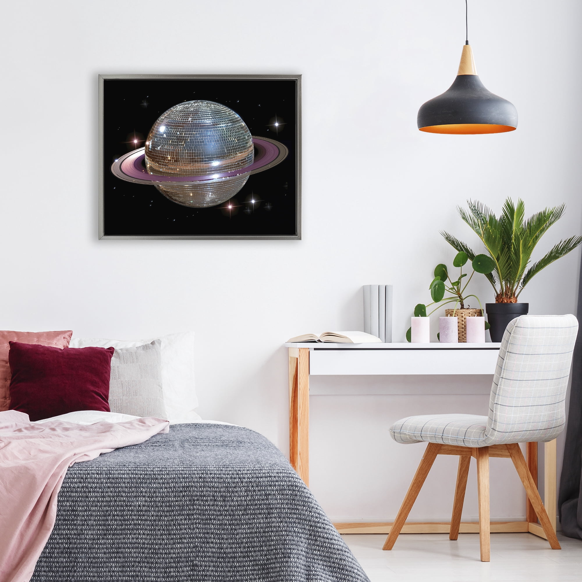 Purple Disco Ball Planet Gray Framed Floater Canvas Wall Art, design by Decent Exposures