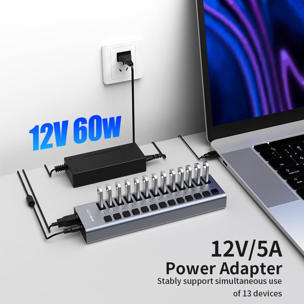ACASIS 90W 13-Port USB 3.0 Hub with Individual Switches, Aluminum Design
