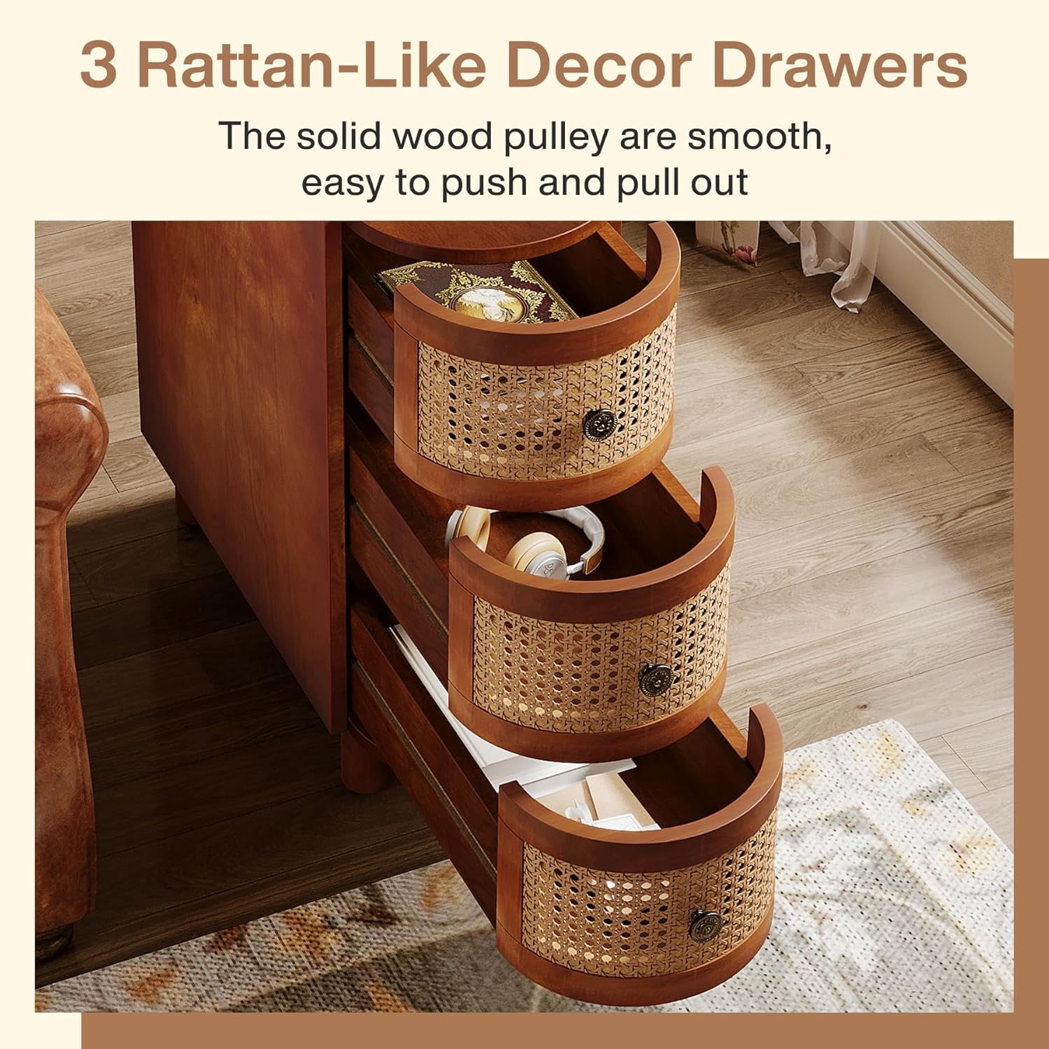 Tribesigns 3-Drawer Rattan End Table, Solid Wood Sofa Side Table with Vintage Embossed Handles for Living Room, Bedroom, No Assembly, Walnut & Oak