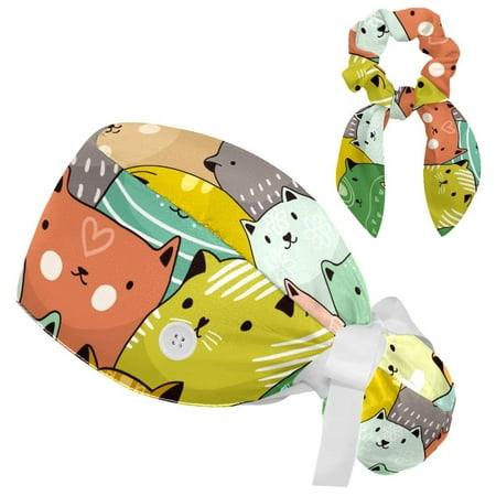 

Working Cap with Buttons and Sweatband Scrub Hat Bouffant Caps with Scrunchie Lovely Cats Tie Back Hats