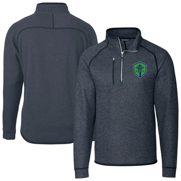 Men's-Cutter & Buck  Heather Navy Seattle Sounders FC Mainsail Sweater-Knit Half-Zip Raglan Jacket