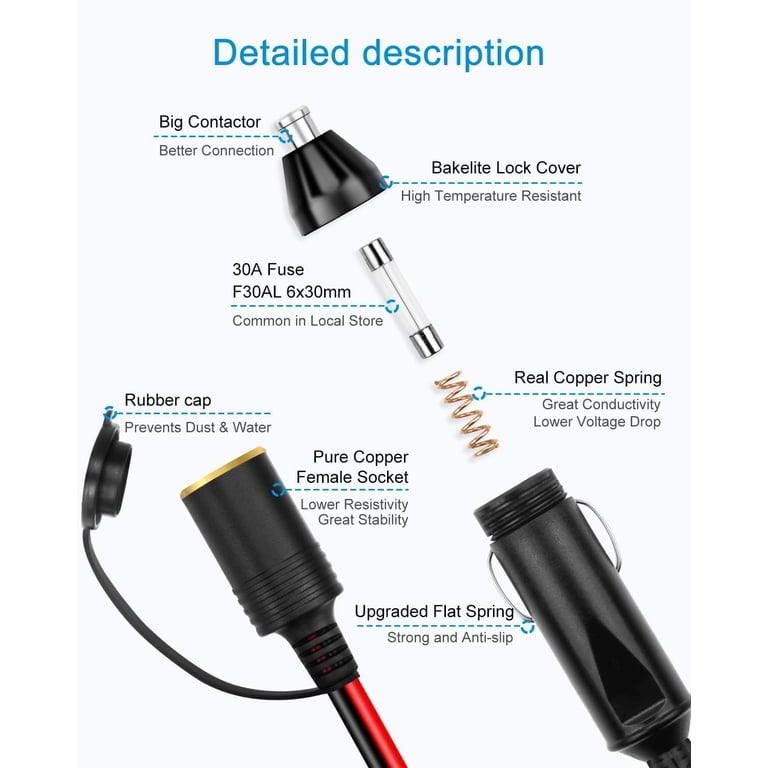 CoolStuff 12AWG Cigarette Lighter Extension Cord 12FT 30A 360W Max ...