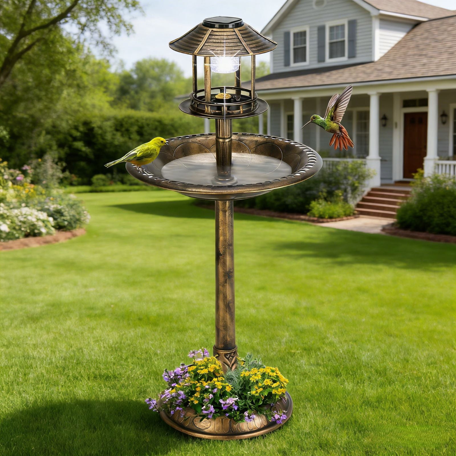 UBesGoo 42 Inch Bird Bath with Solar Light Bronze
