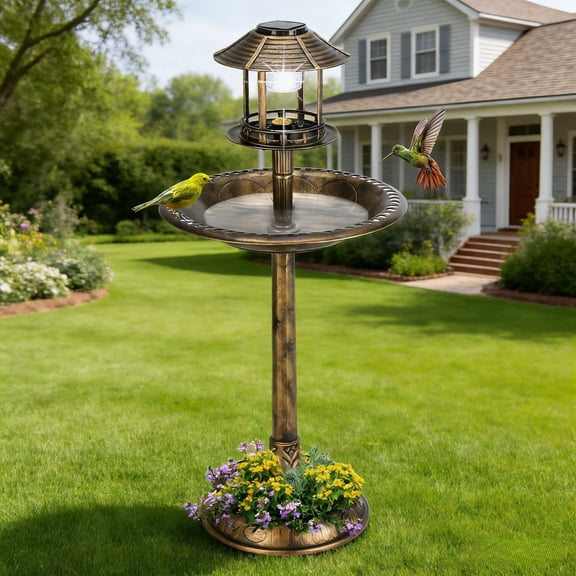 Ktaxon 41" Bird Bath Resin Pedestal Birdbaths with Solar Light  Antique Sculpture Finish Garden Decor Bronze