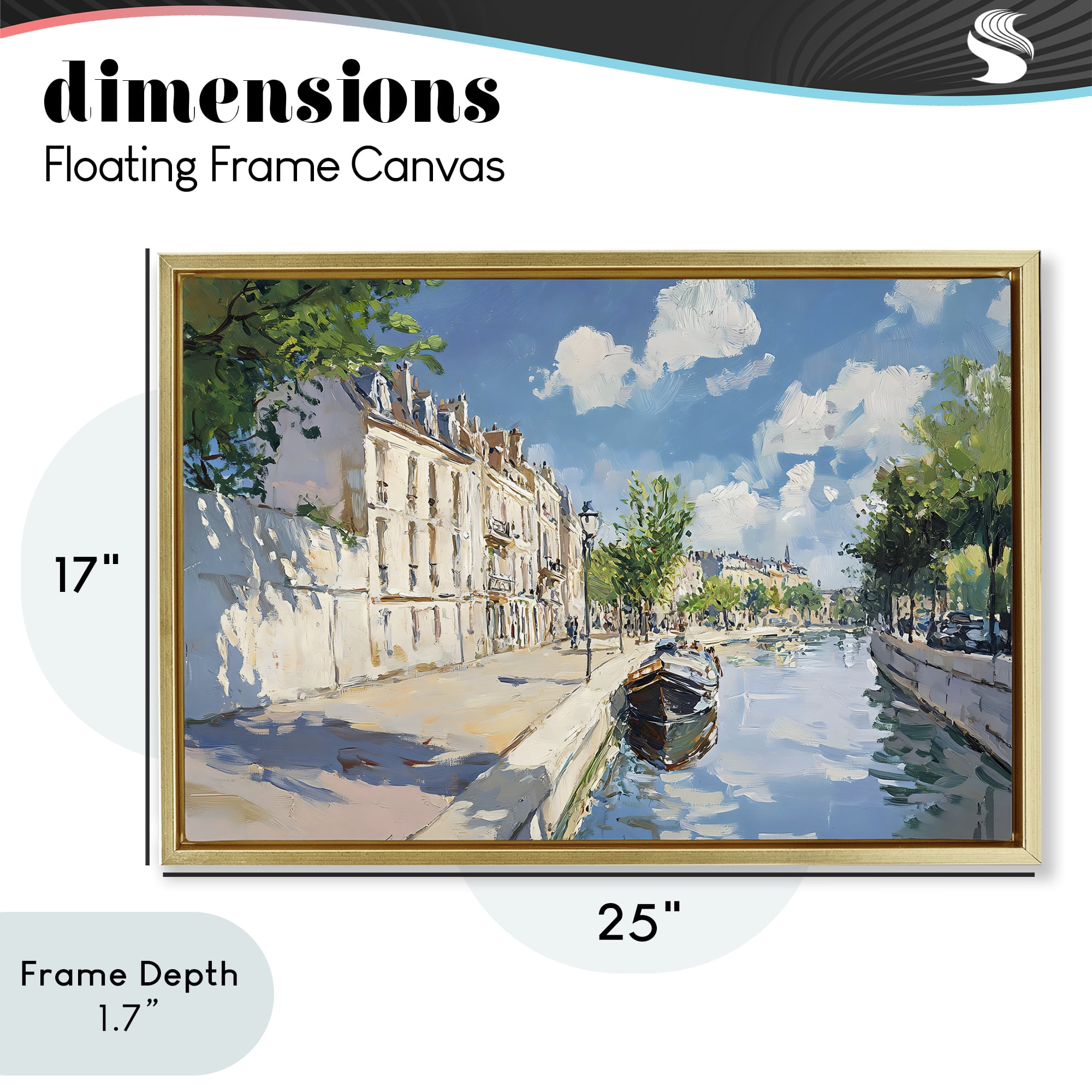 Stupell Industries Boat in Canal Summer Reflection Gold Framed Floater Canvas Wall Art, design by Creative Studio