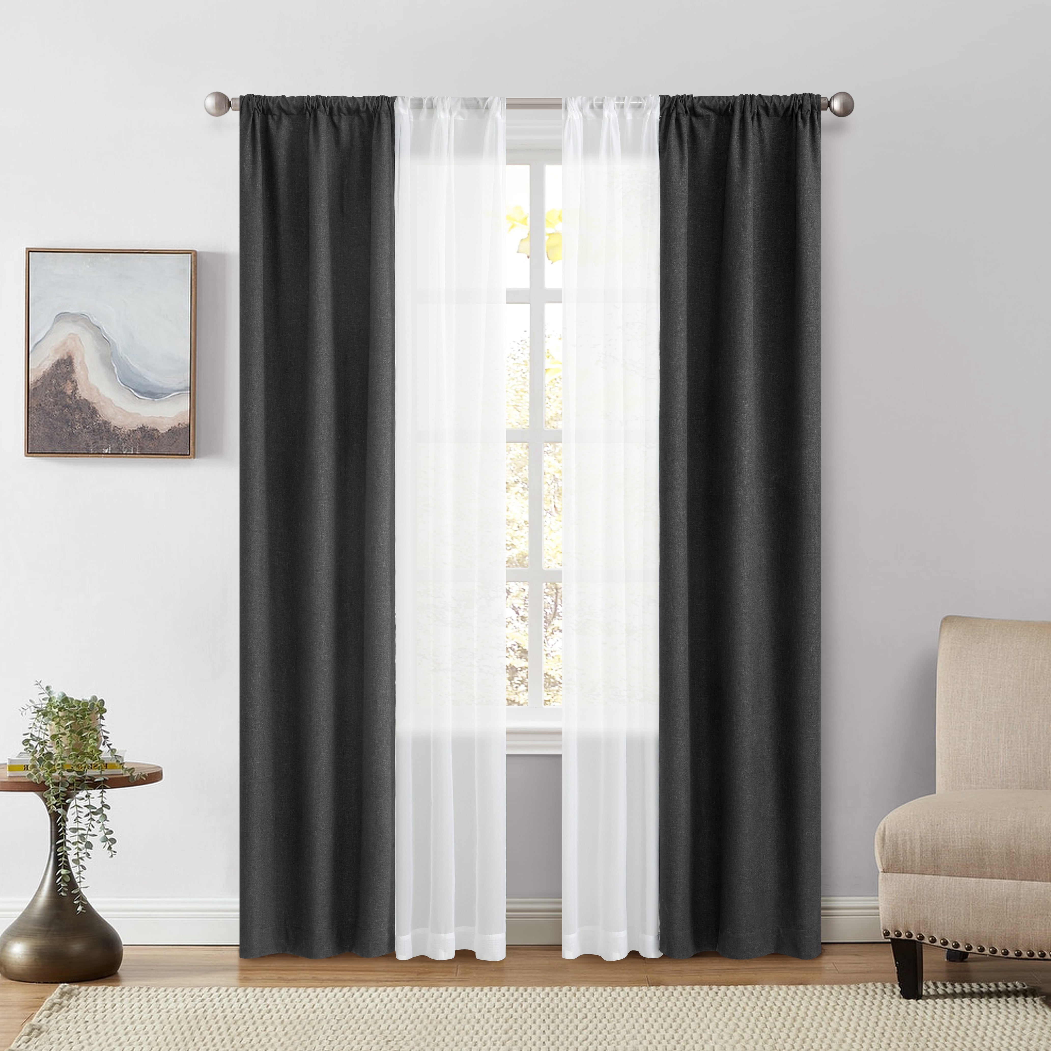 Mainstays Panneaux Occultants en Sergé Uni et Voilages, Ensemble de 4, Noir Intense, 27,5" L x 84" H