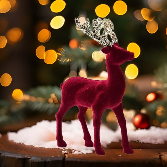 Red Flocking Standing Deer Decorations Christmas Reindeer Tabletop indoor Decorative Ornaments for Kitchen Mantle Shelf office Home Décor