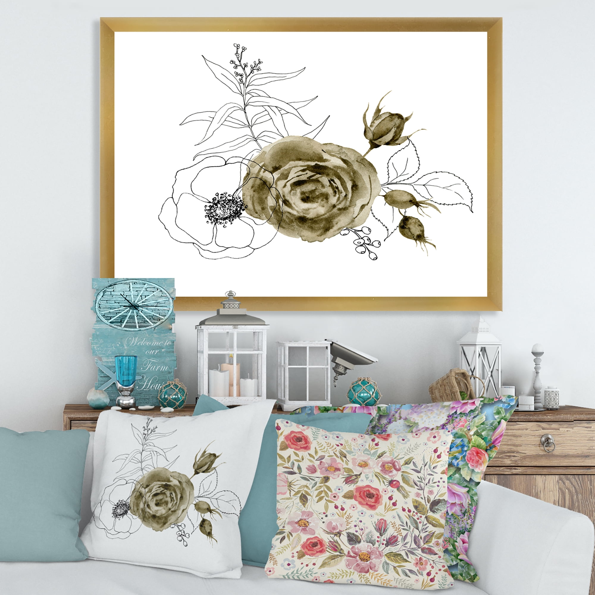 Designart 'Eucalyptus Branches With Anemone Bouquet Flower I' Traditional Framed Art Print