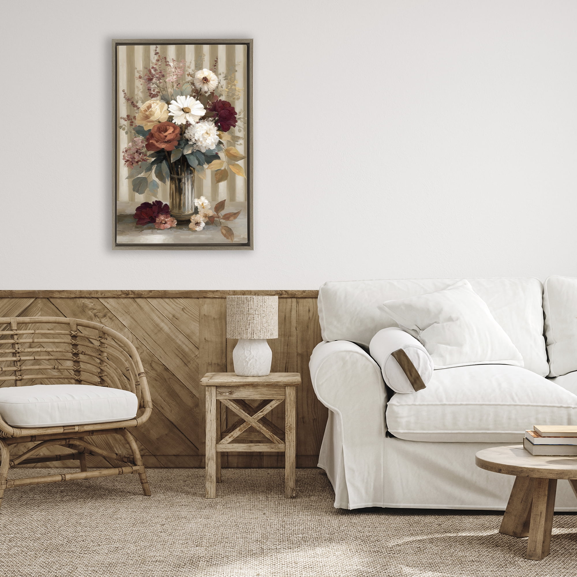Stupell Industries Vintage Arrangement with Stripes Brown Framed Floater Canvas Wall Art, design by Petal Prints Design