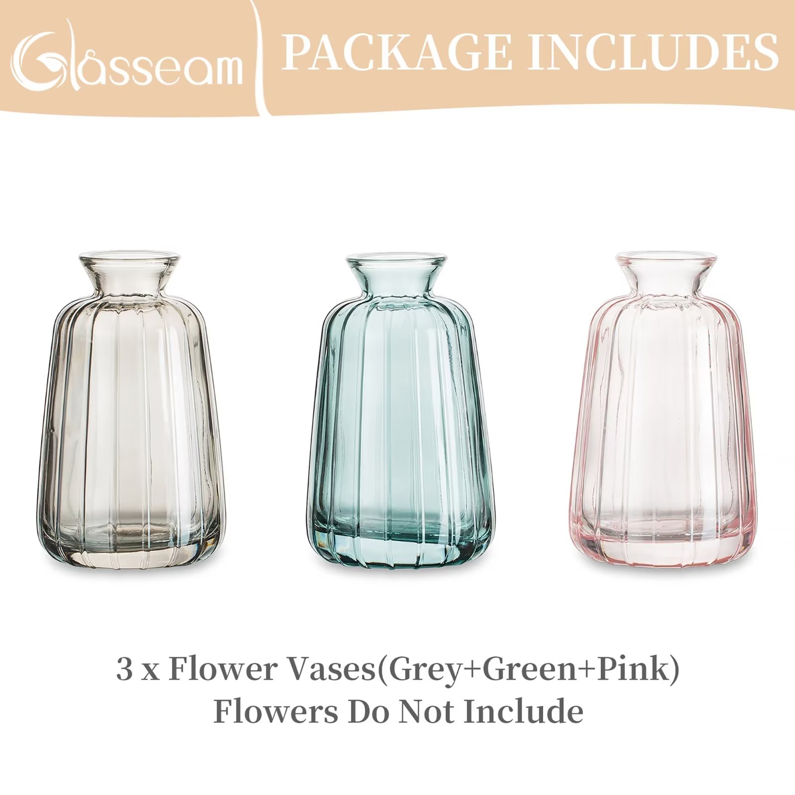 Mother's Gift Small Glass Bud Vase 4.52"Colorful Cute Ribbed Vases for Flowers Set of 3 (Pink+Grey+Green) - image 4 of 7