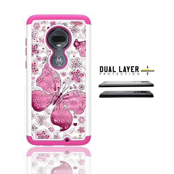 For Motorola Moto G7 XT 1962-4 / Moto G7 Plus XT1965-2 Unlocked Phone, Studded Rhinestone Crystal Bling Shockproof Cover Case (White- pink butterfly)