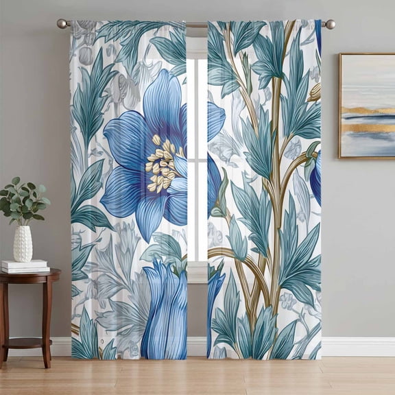 Blue Flowers Sheer Curtains 84 Inch Length 2 Panels Set, Spring Summer Watercolor Boho Floral Leaf Voile Window Treatment Rod Pocket Curtains Sheers Drapes for Bedroom/Living Room/Kitchen 52"x84"x2