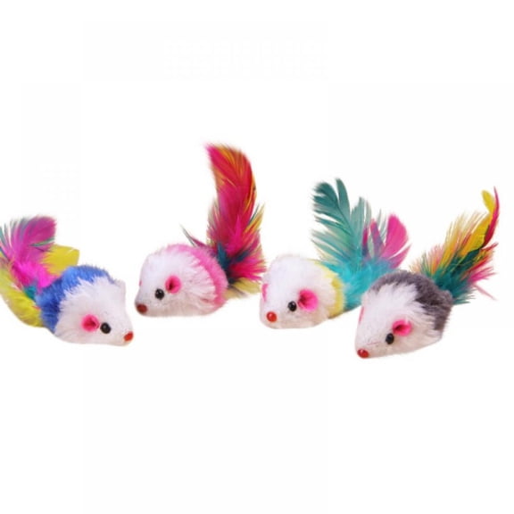 2PCS Furry Pet Cat Toys Mice, Cat Toy Mouse with Colorful Feather Tails, Pet Toys for Cats, Cat Catcher for Feather Tails