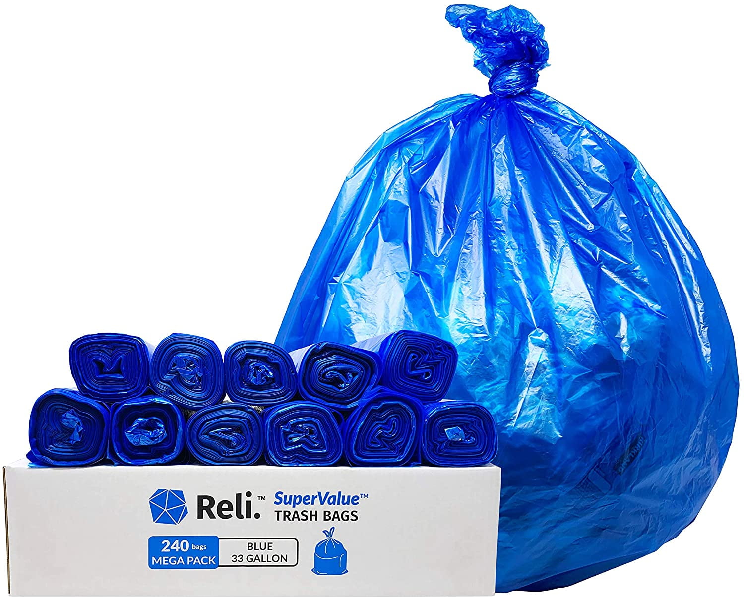 Recycling Trash Bags Large Blue Garbage Bags 100 case w/Ties 3... 33 Gallon, 