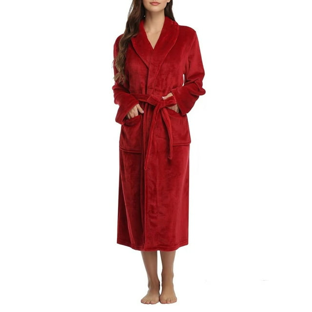 Peignoirs pour Femmes en Molleton Pelucheux à Capuche, Robe de Chambre Épaisse avec Poches, Vêtement de Nuit, Robe Rouge Vin G