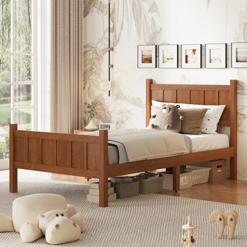 Twin Size Farmhouse Platform Bed with Flat Panel Designed Headboard & Footboard, Minimalist Wood Bed Frame with Under-Bed Storage