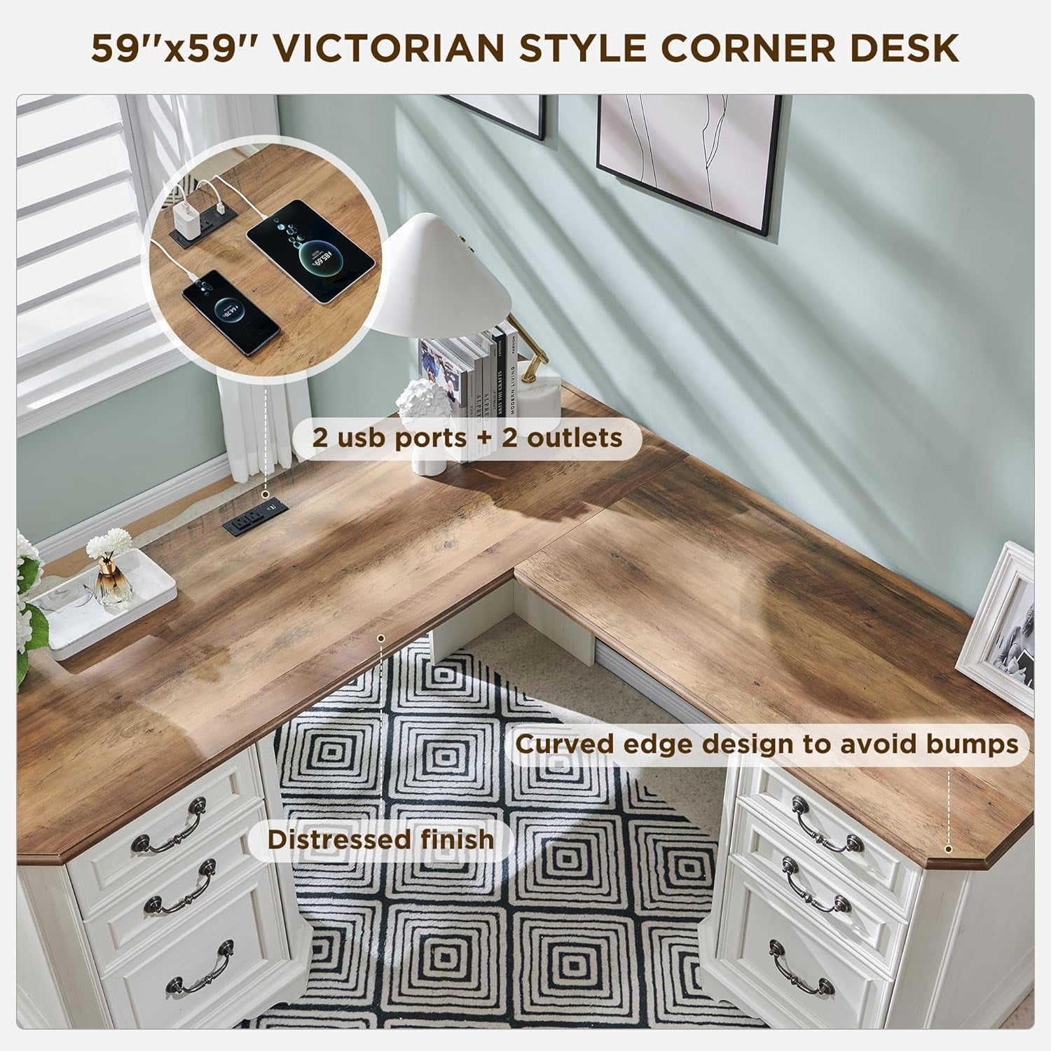 OKD Farmhouse L Shaped Desk with Charging Station and Drawers，Engineered Wood Executive Desk，for Home Office & Living Room