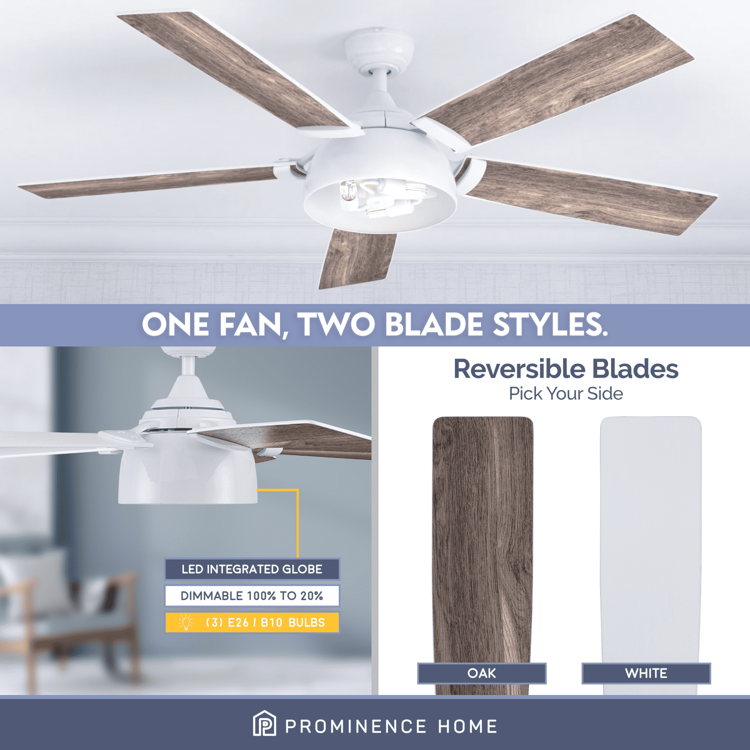 Prominence Home 52" Octavia Bright White Remote Control Ceiling Fan, 5 Blades