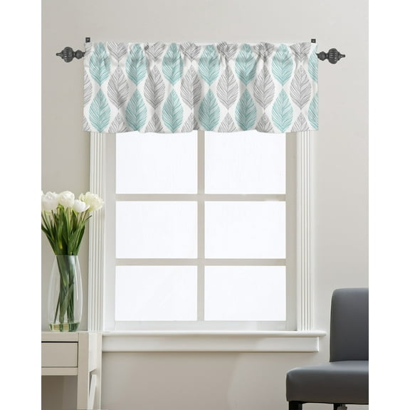 Kitchen Cafe Valance Curtain for Small Windows,Abstract Seamless Plants Leaves Rod Pocket Short Valances Grey and Teal Stripes on White Window Treatment Panel for Living Room/Bedroom/Bathroom,54x18in