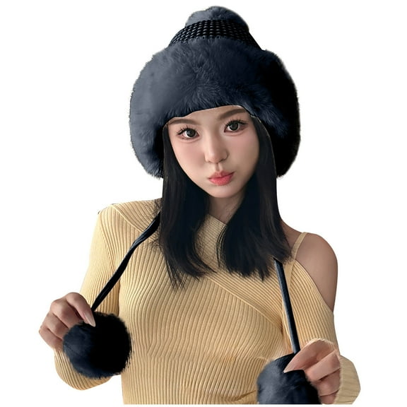 Riforla Womens Hats with Pompom for Winter Warm Knit Cap Ushanka Trapper Hat with Ear Cover Bomber Hats Black