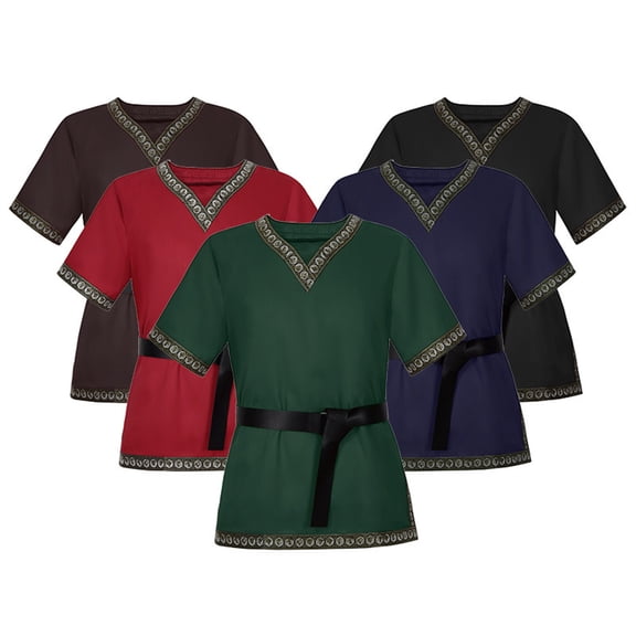V Neck Viking Medieval Tunic, V Neck Medieval Viking Short Sleeve Tunic, Printed Trim Warrior Peasant Cosplay Top With Belt, Multi Earth Tone Larp Halloween Costume Shirt, Black L
