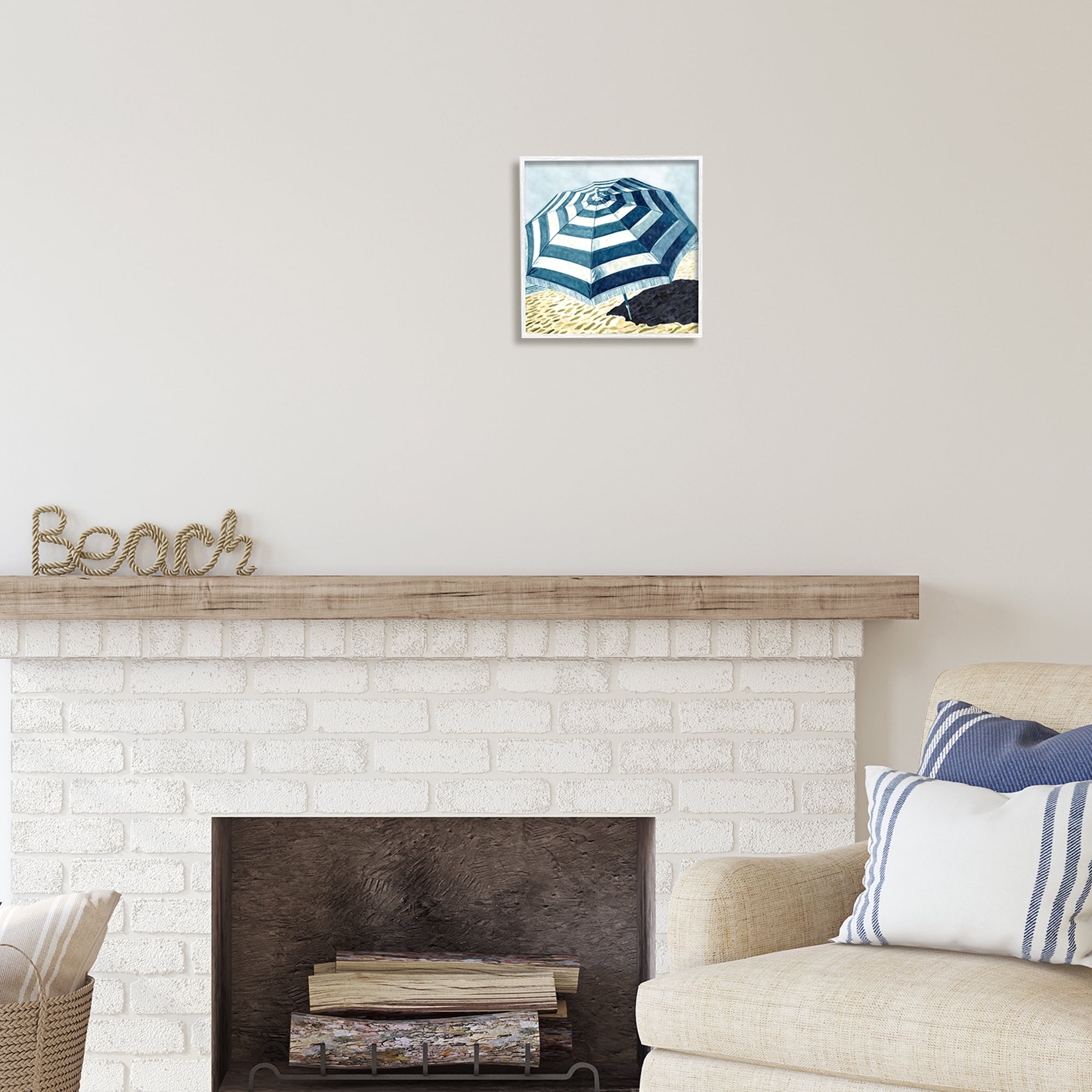 Stupell Industries Striped Beach Umbrella Landscape Painting White Framed Art Print Wall Art, 12 x 12