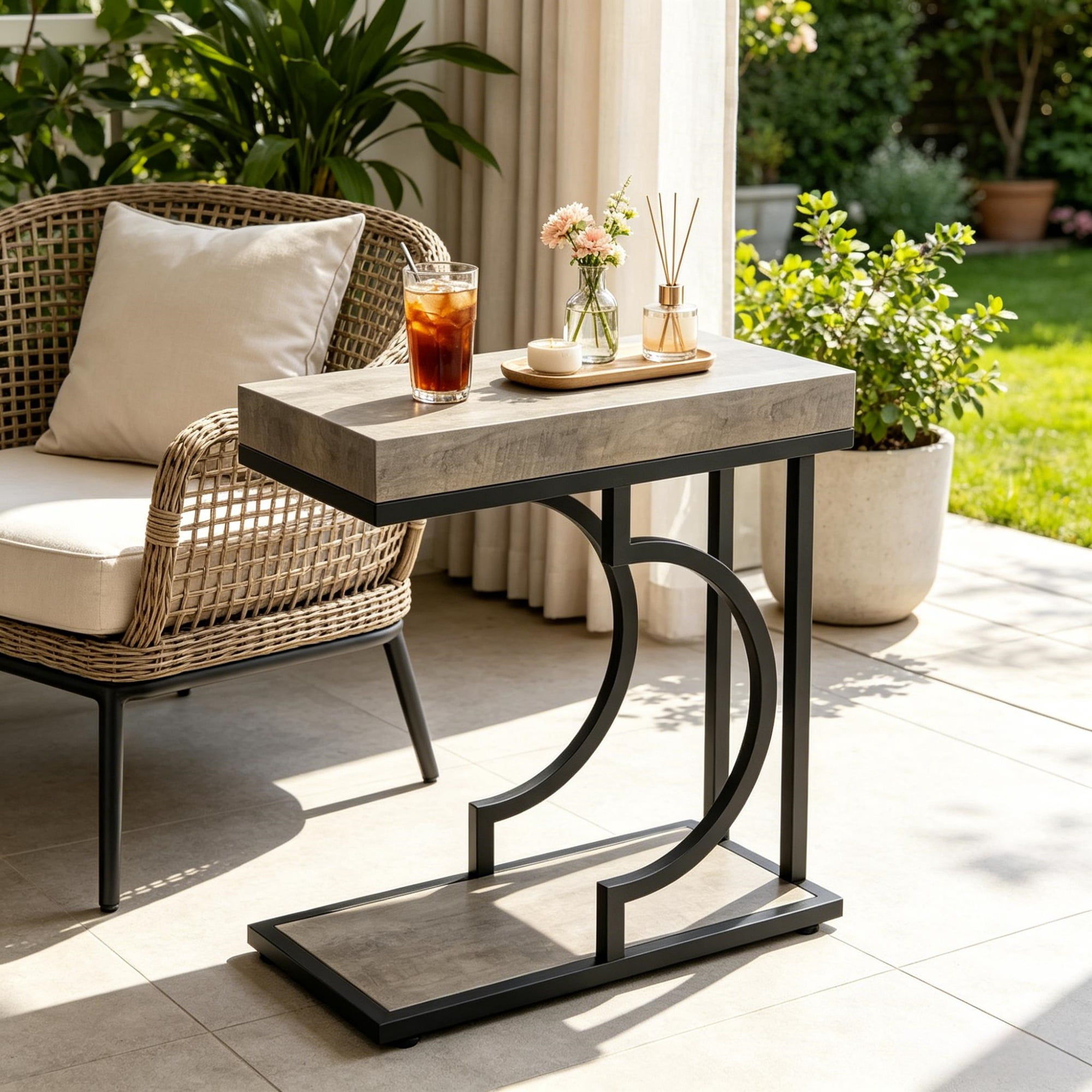 Faux Marble C-Shaped End Table Modern Gold Metal Frame, Compact Waterproof Scratch Resistant Side Table, Lightweight Movable Accent Table for Living Room Small Space Decor