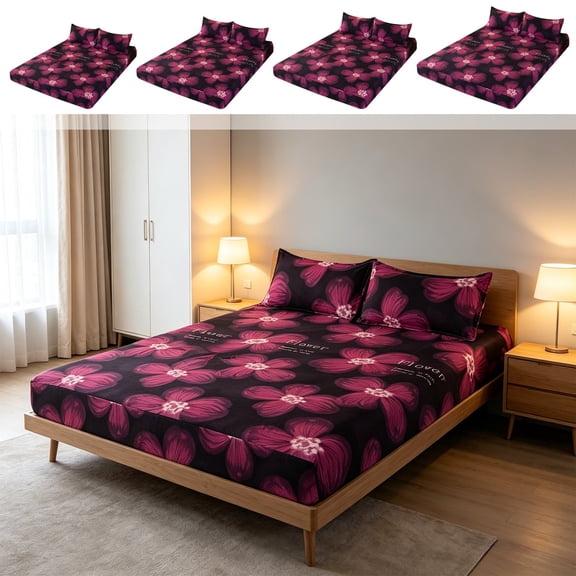 Washable Soft Cotton All-Inclusive Fitted Sheet Set with Pillowcases, Elastic Stretch Dustproof Mattress Cover, Breathable Comfort Bedding for Bedroom Home Use, Purple-S