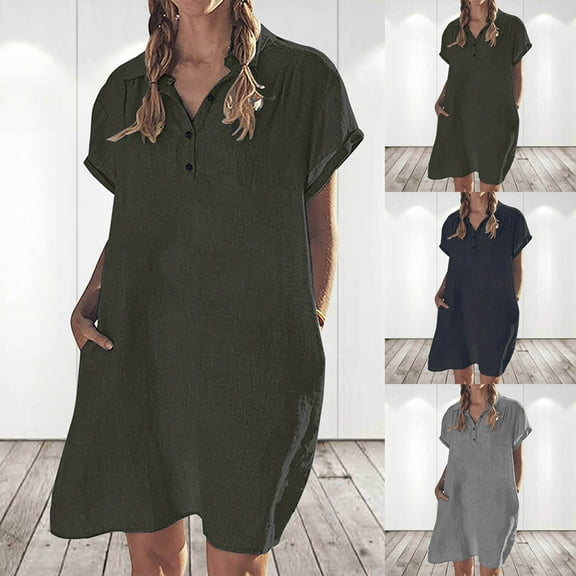 USSUMA Skirts for Women Trendy Summer Women'S Casual Dresses Short Sleeve Lapel Collar Solid Color Button Linen Maxi Dress Elegant Skirt Fashion Dress Work Holiday Deals Black Dress Size-L