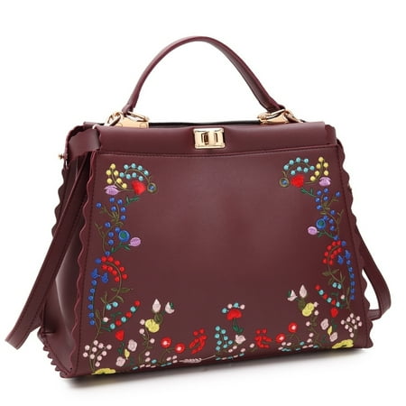Twist Lock Handbag Dasein Embroidered Flower Design and Double Twist Lock Closure Hobo Handbag Purple ()