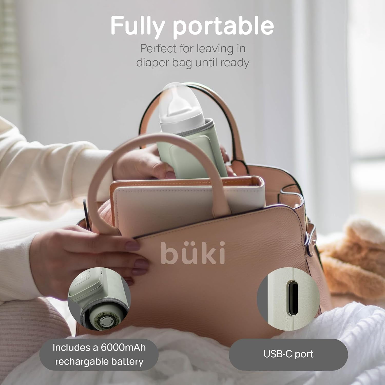 Büki Portable Bottle Warmer for Breastmilk or Baby Formula, Fast-Heating, Leak-Proof, Rechargeable