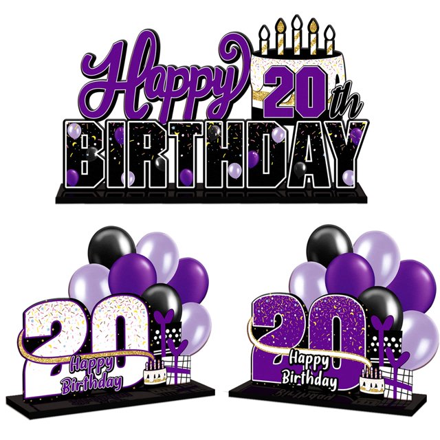 Lingteer Juego De Centros De Mesa De Acrílico Morado Con Diseño De Feliz Cumpleaños Número 20, Decoración De Regalo Para Fiesta De Cumpleaños Número 20, Saludos A Veinte Años.