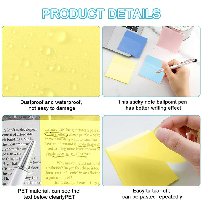 Sdjma Transparent Sticky Notes - Clear Sticky Notes Waterproof Self-Adhesive Translucent Sticky Note Pads for Books Annotation, See Through Sticky