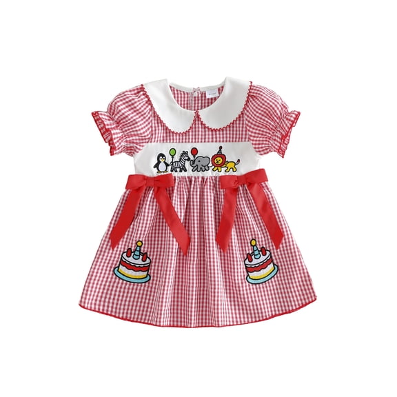 BemeyourBBs Kids Toddler Baby Girls Birthday Dress Outfit 1 2 3 4 Years Old Birthday Summer Clothes Puff Short Sleeve Doll Collar Front Bow Animal Cake Plaid Gingham Dress