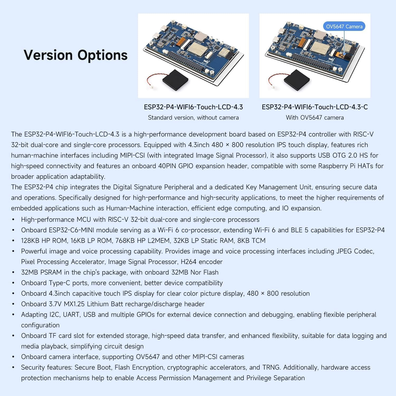 ESP32-P4-WIFI6 4.3inch Development Board, 480 × 800 Resolution, 5-Point Touch, Onboard Audio codec chip, Supports Wi-Fi 6 and BLE 5, with OV5647 Camera
