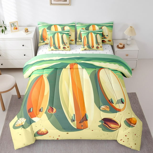 YST Beach Theme Comforter Set, 7Pcs, Tropical Surfboard Print, Polyester, Queen Size (7 Count)