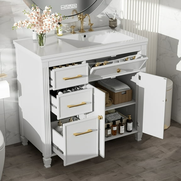 36-Inch Modern Freestanding Bathroom Vanity with Sink, Solid Wood Legs, 4 Drawers & Tip-Out Makeup Tray, Adjustable Shelf, White for Compact Bathrooms