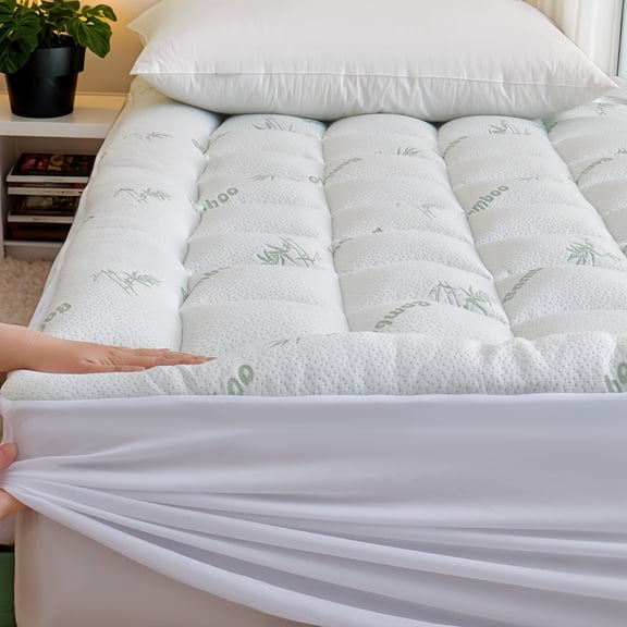Soft Bamboo Cooling Mattress Topper - Breathable Pillow Top Mattress Pad Cover for Sleeping - Queen Bed Topper for Mattress Protector with Deep Pocket Fits 8-21 Inches Mattress