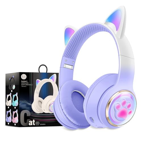 KERHAND Auriculares Bluetooth con cancelación de ruido para niños,Auriculares plegables para gatos con oreja con luz LED,Auriculares con orejas de gato para niños pequeños con micrófono/tarjeta TF,Aur